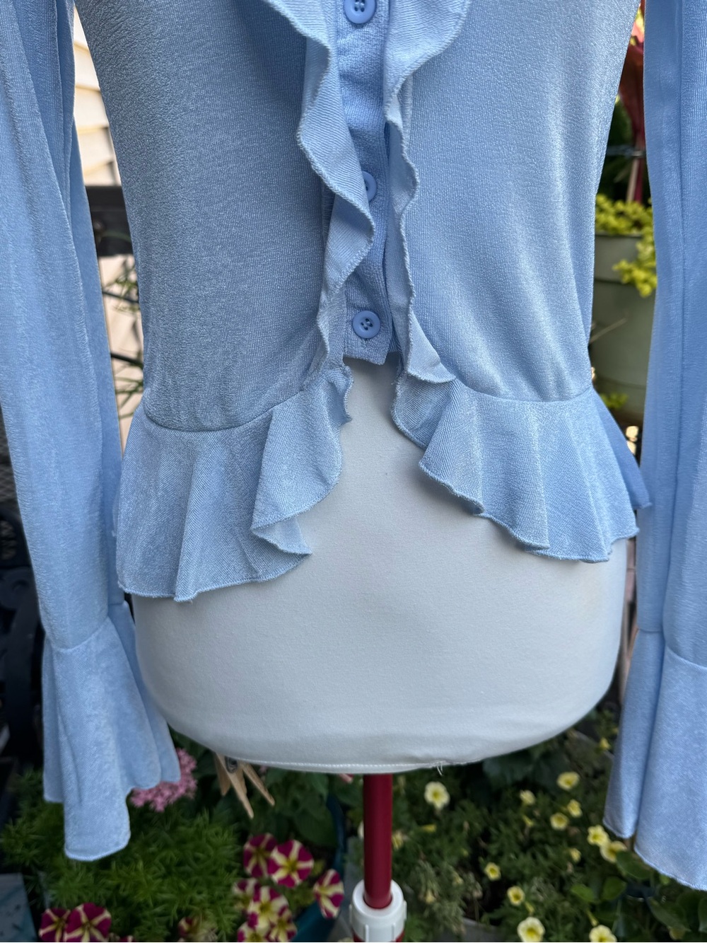 Light Blue Ruffle-Trim Button Cardigan - Picture 3 of 8